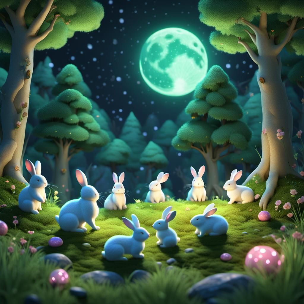 Anime Bunny Family in Moonlit Forest Scene