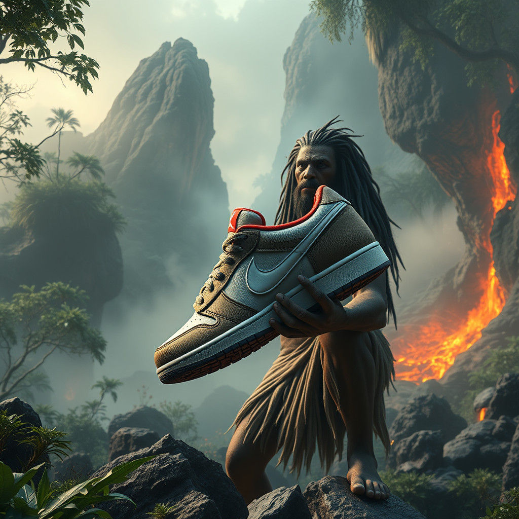 Caveman Discovering Nike Jordan 1 in Prehistoric Landscape
