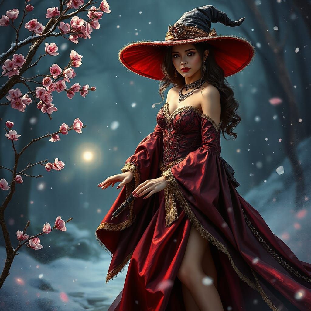 Dark Fantasy Witch in Red, Black, Gold Amidst Snowfall and B...
