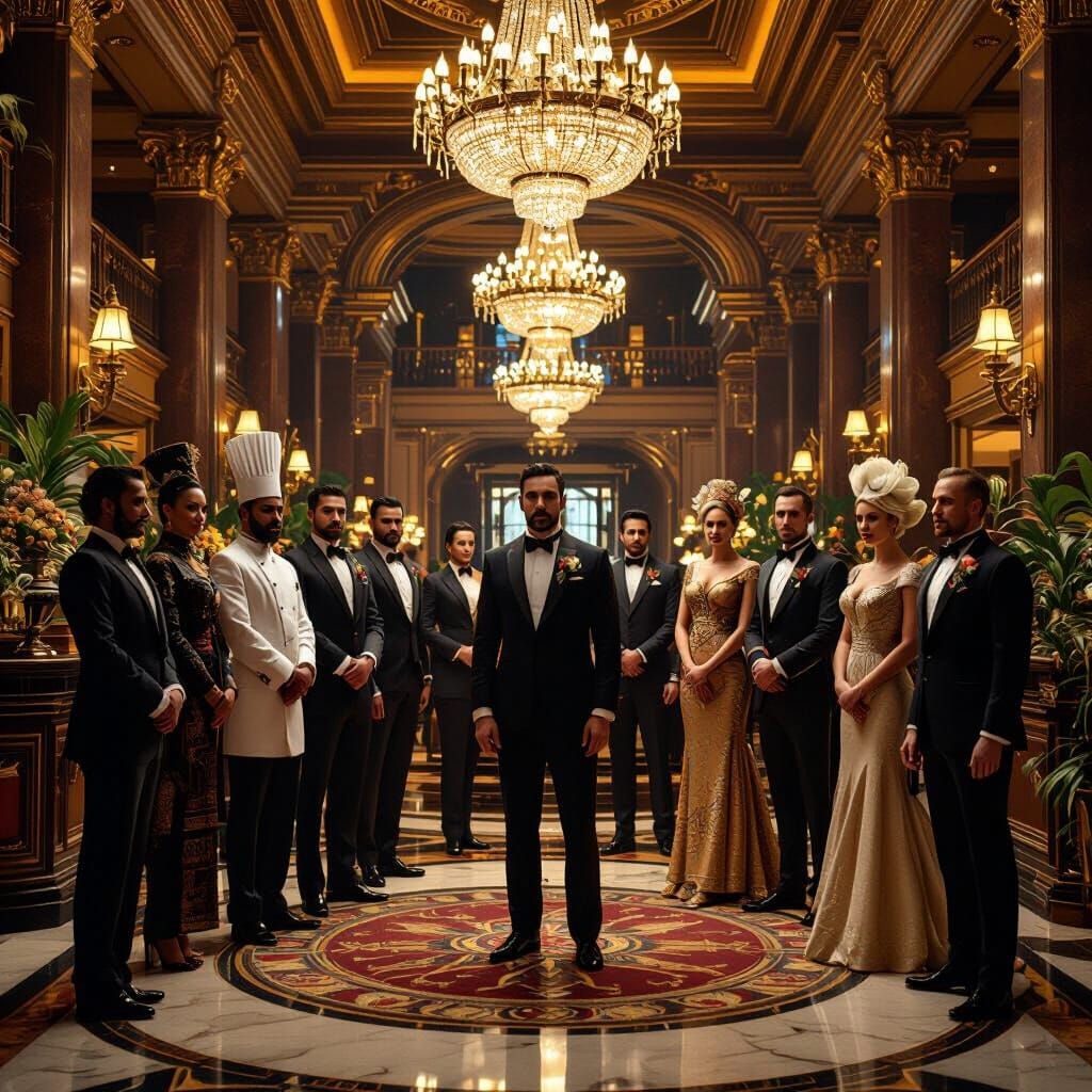 Luxury Hotel Manager with Diverse Team, Matte Painting
