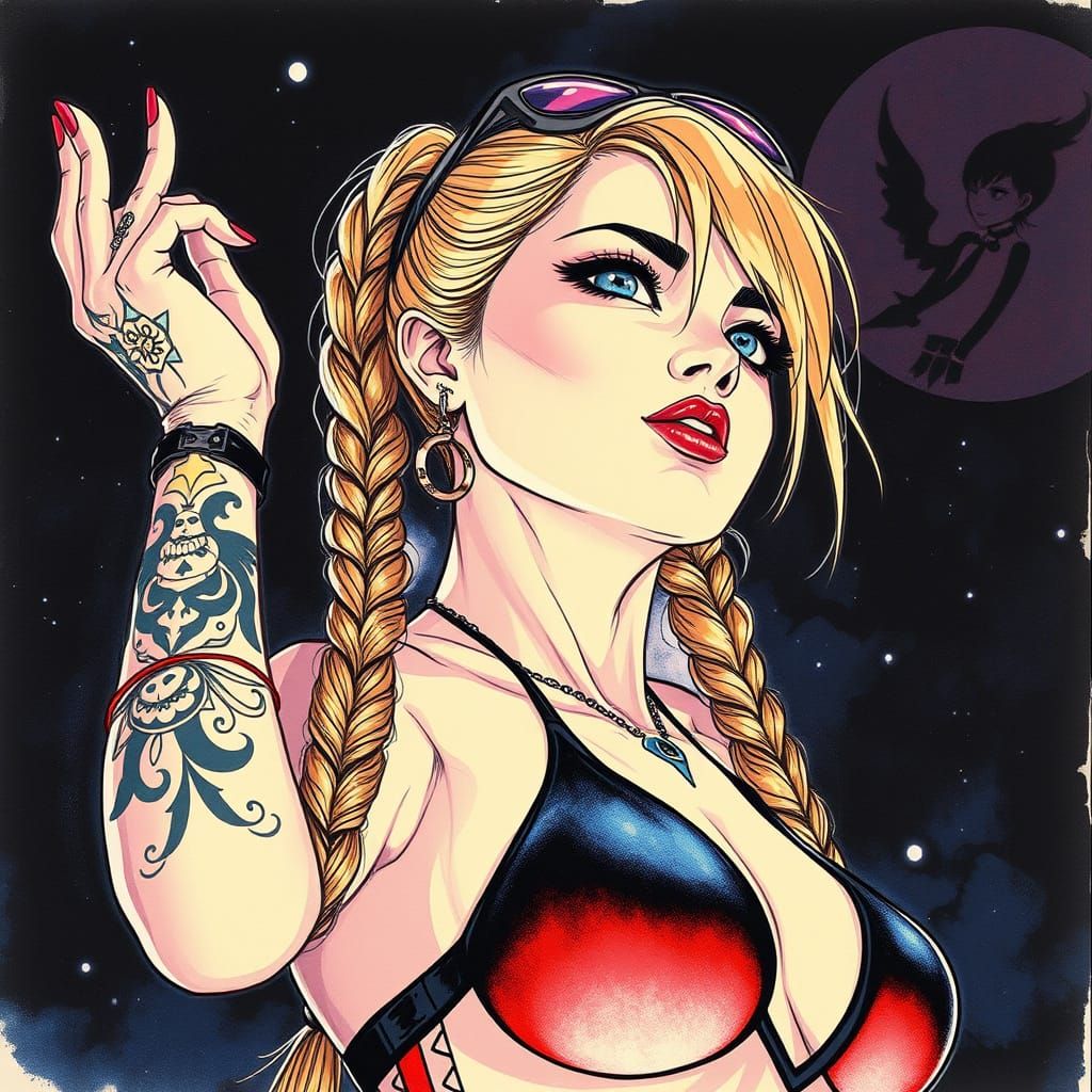 Cyberpunk Goddess in Neon Night Sky