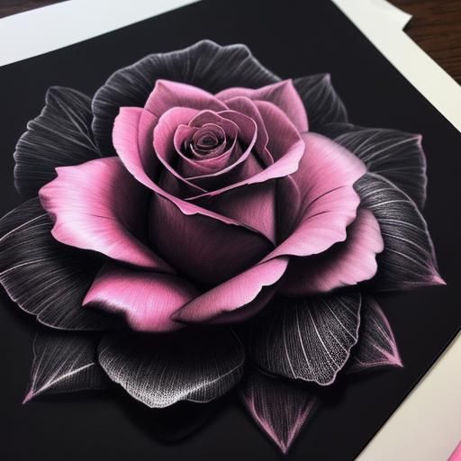 Hyperrealistic Pink Rose Drawing on Black Paper