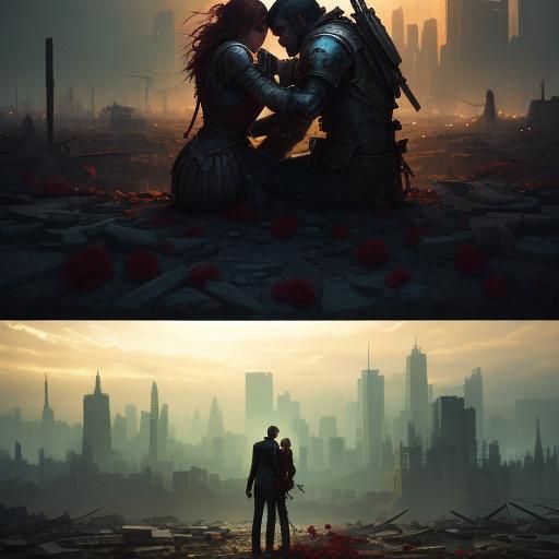 Embrace in Ruins: Digital Art of Love and War