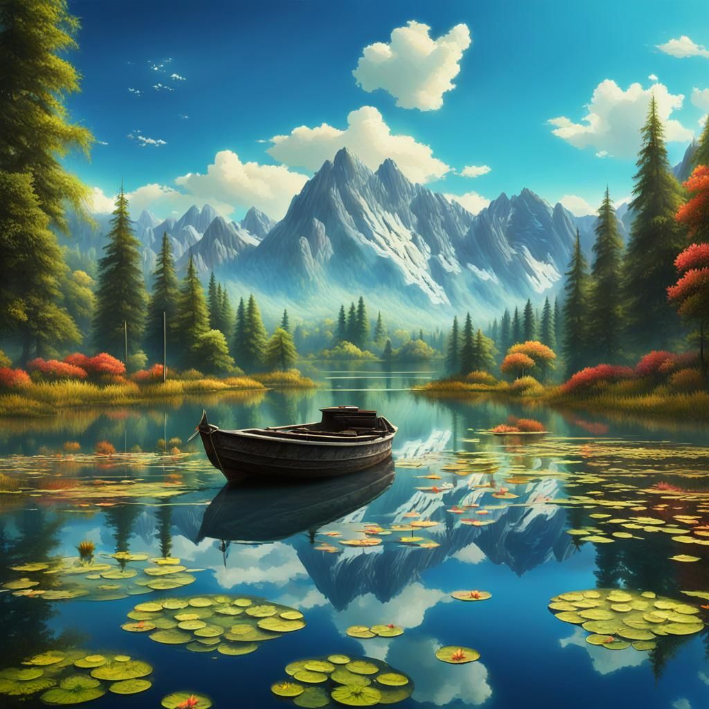 Boat on Lake, Romantic Landscape in German Romanticism Style
