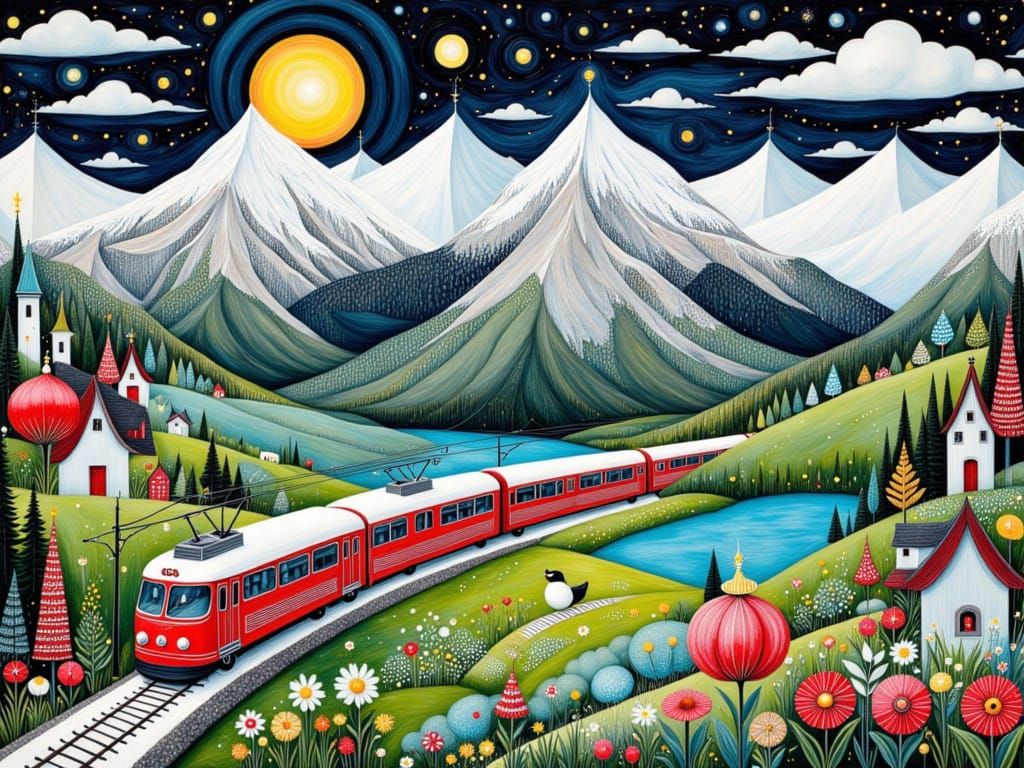 Whimsical Red Swiss Train in Enchanted Folk Art Landscape