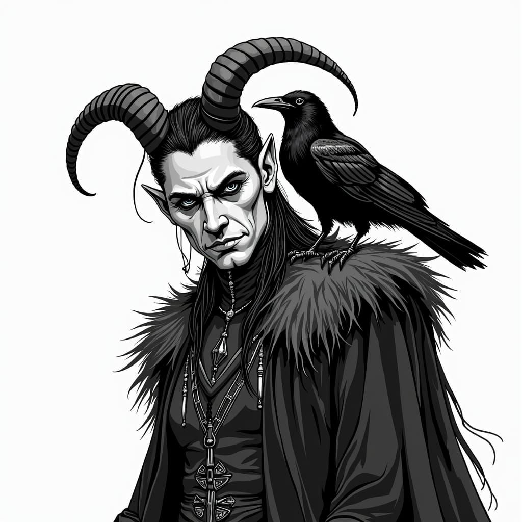 Gothic Loki Illustration with Crow in Black and White