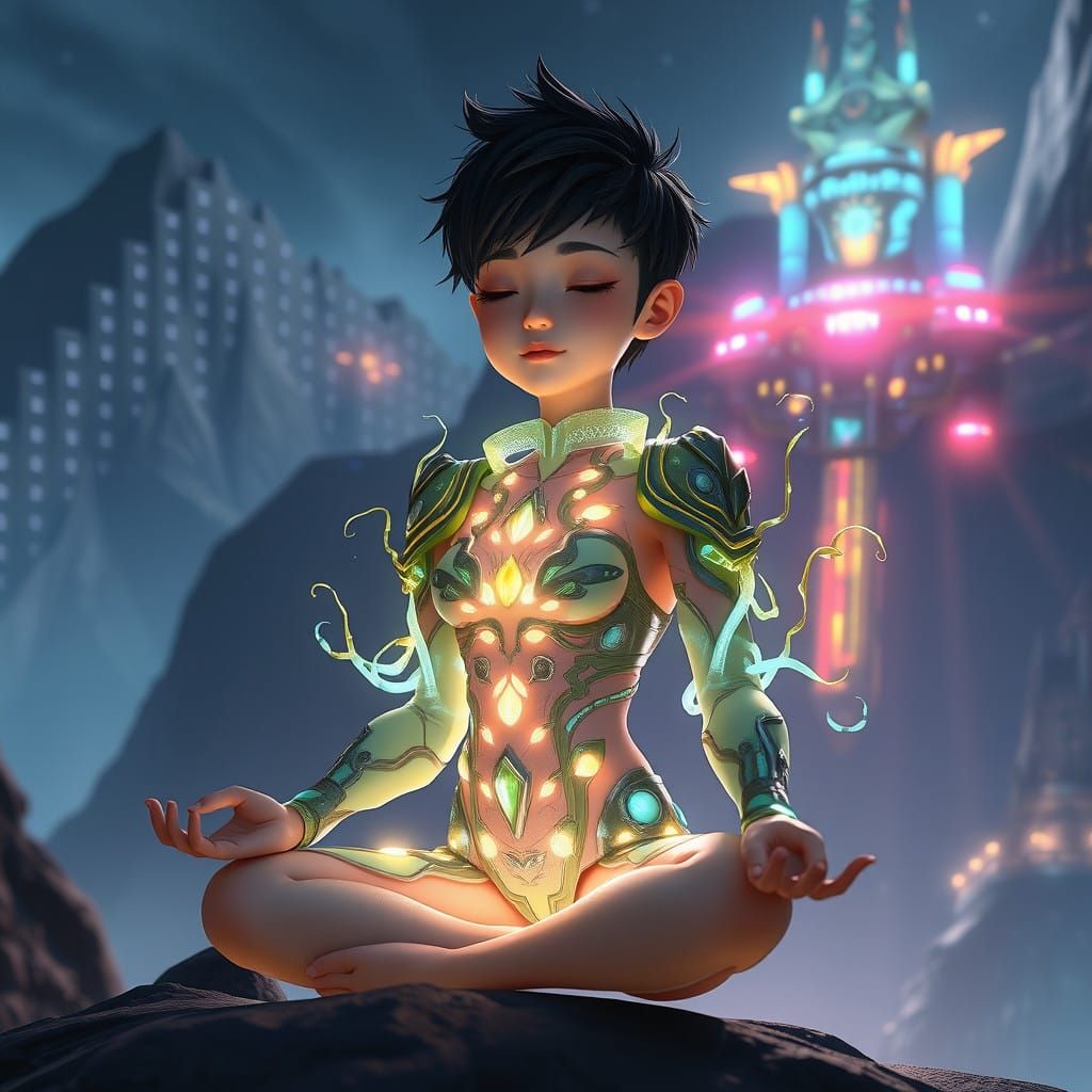 Surreal Cyberpunk Goddess in Bio-Engineered Armor Amidst Ali...