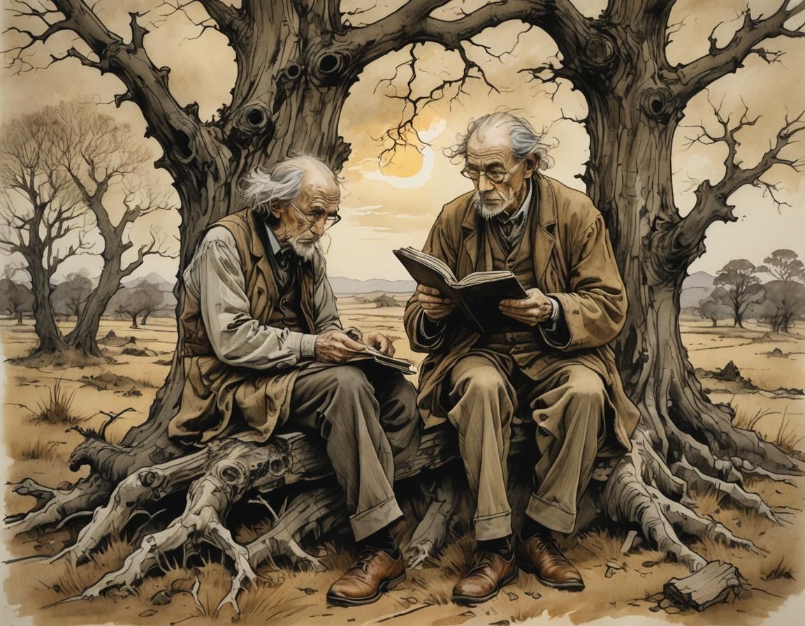 Scholar Reads in Desolate Field as Pen and Ink Illustration