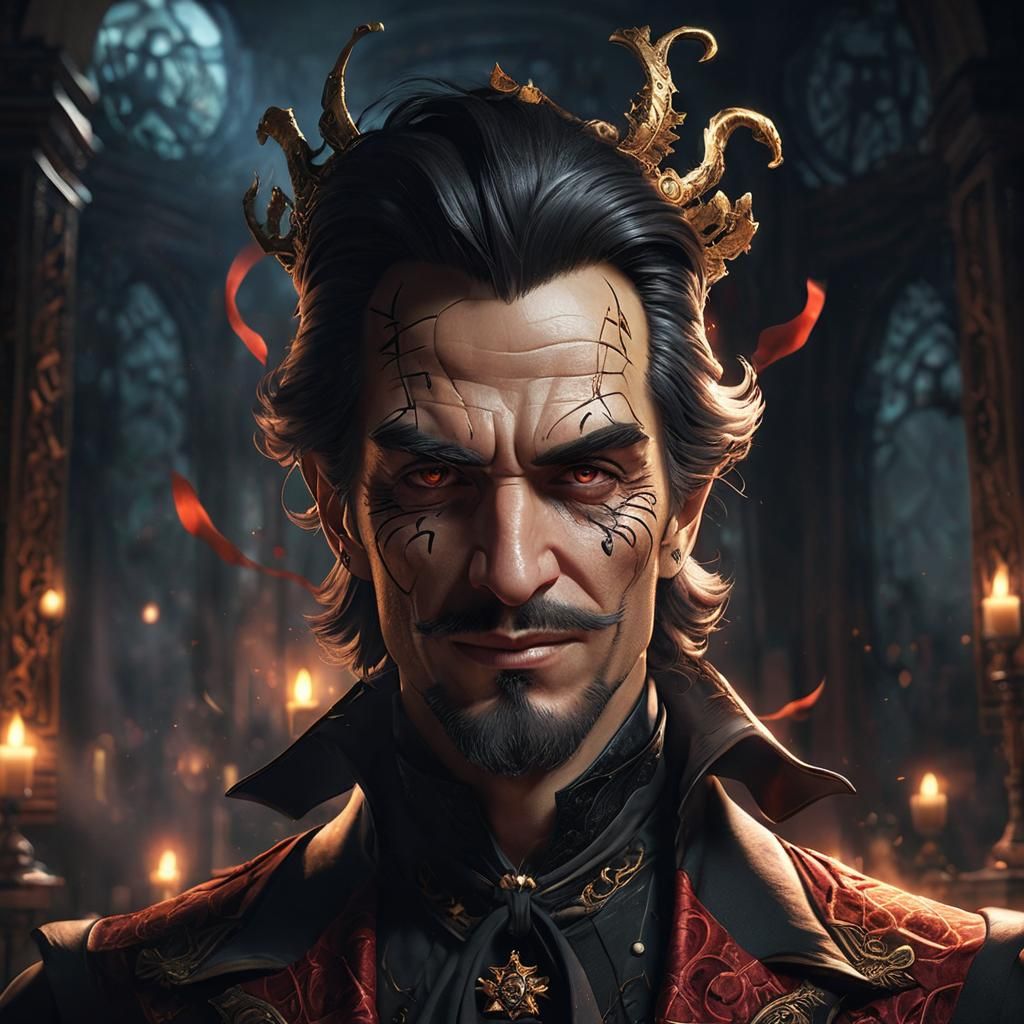 Villainous Magician Portrait in Hyper-Realistic Anime Style