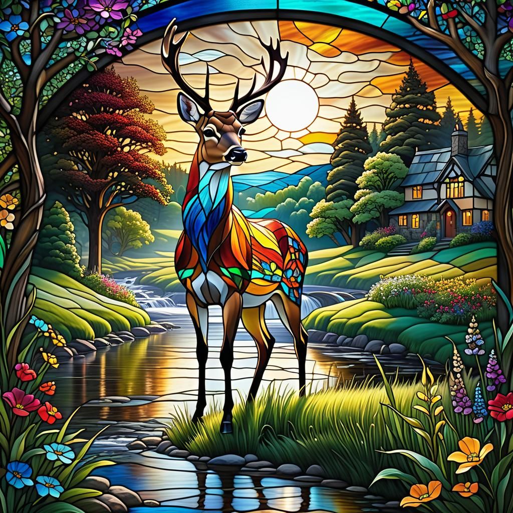 Stained Glass Art: Deer in Flower Meadow