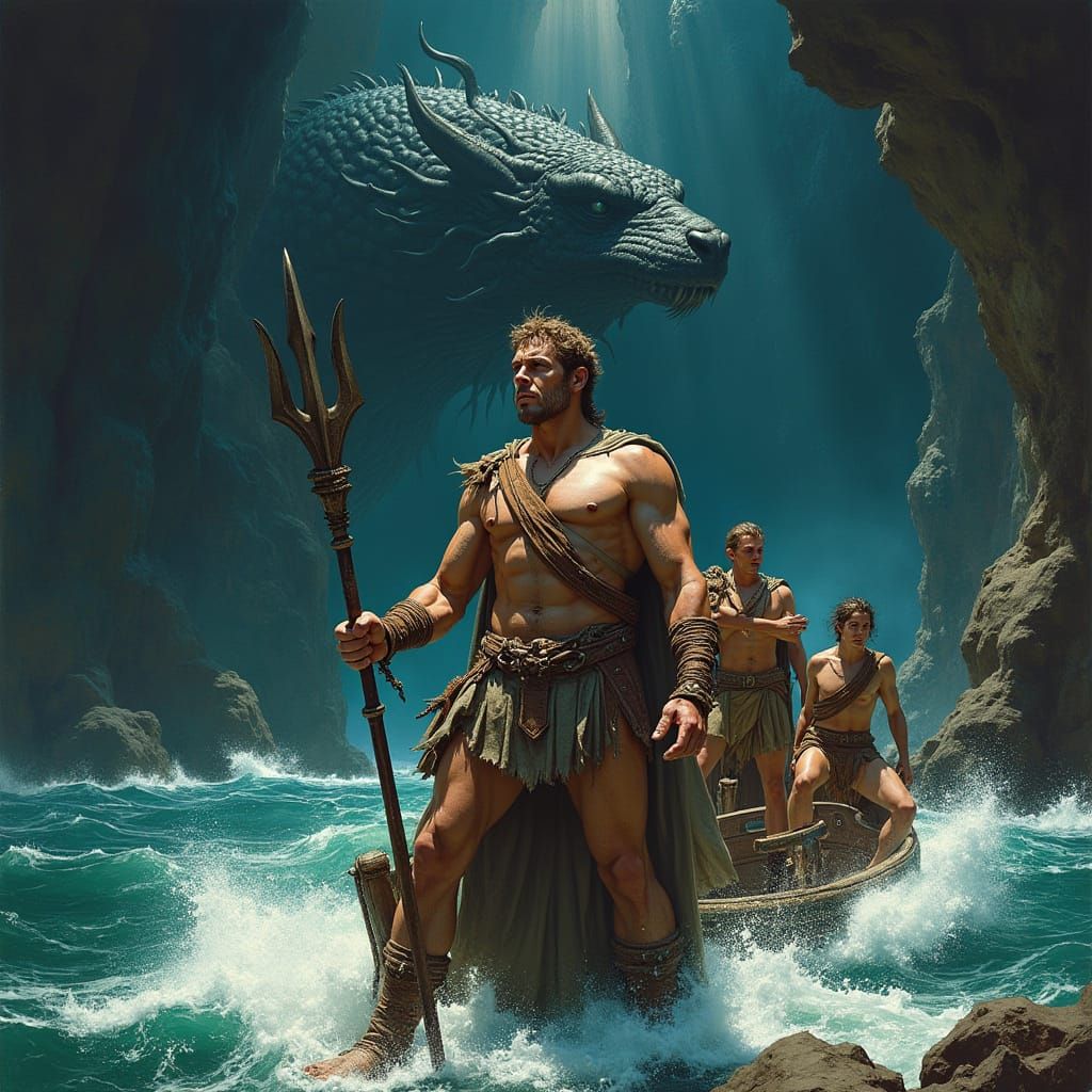 Muscled Greek Hero Battles Hydra in Dark Cave