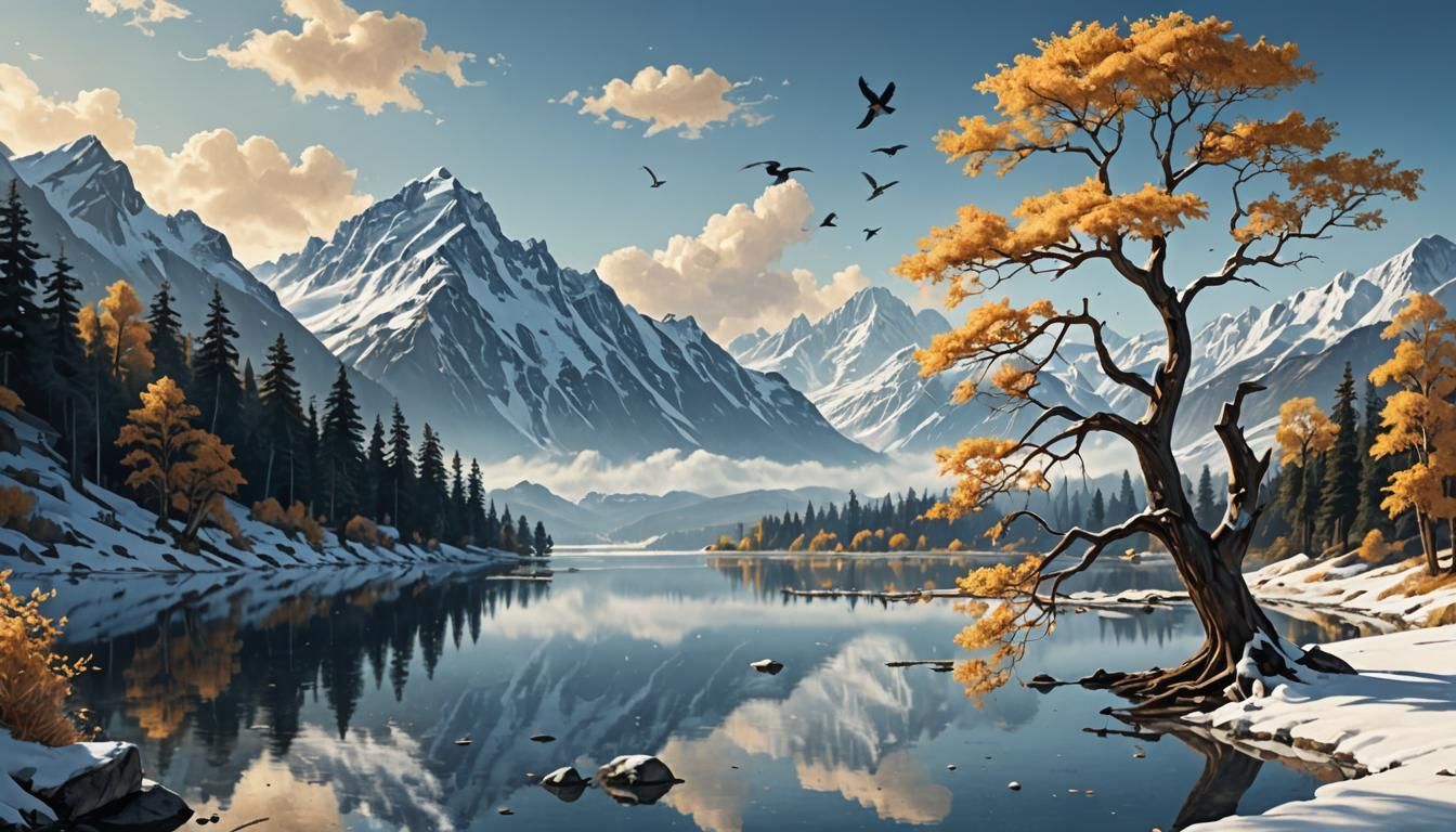 Snowy Mountain Lake: Tranquil Fantasy Landscape
