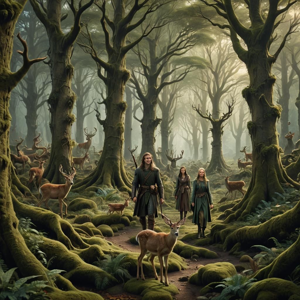 Elven Travelers in a Realistic Fantasy Forest