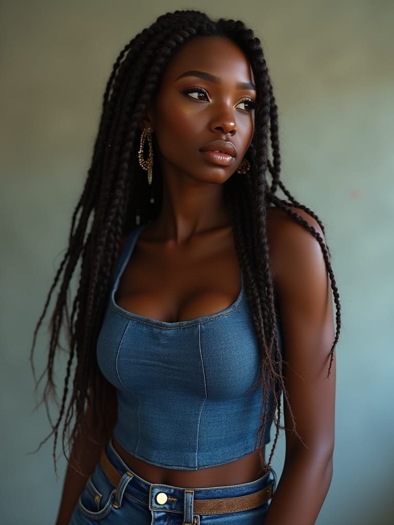 Sultry Black Goddess in Blue Jeans Set, Golden Eye Shadow, a...