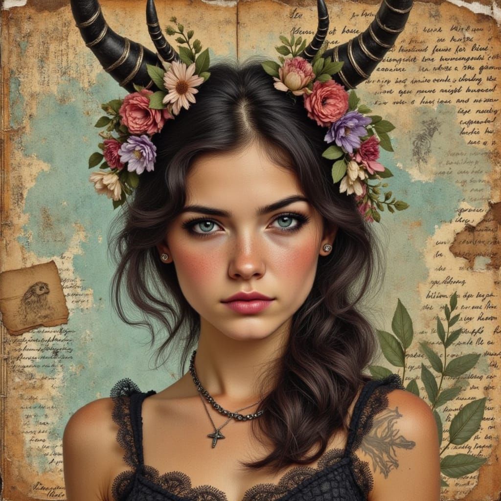 Vintage Witch Portrait in Mixed Media Junk Journal Style