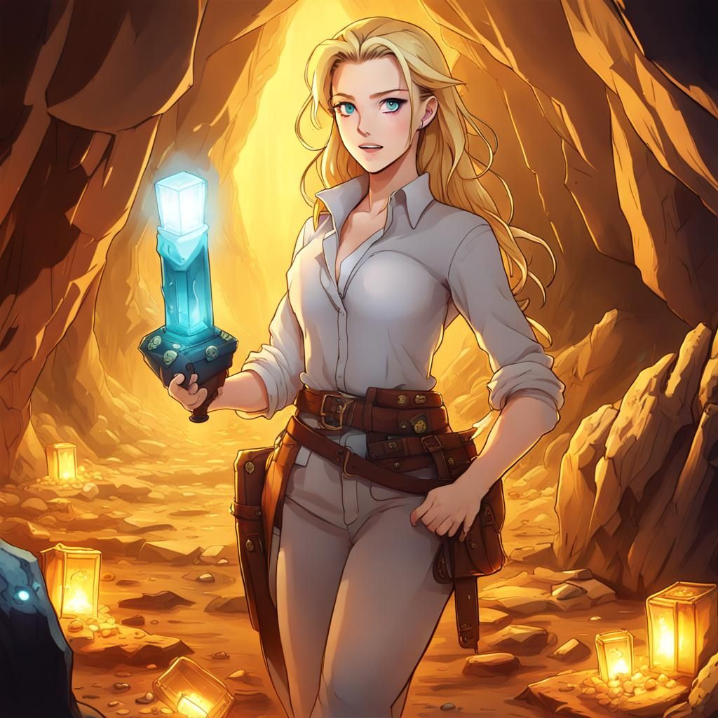Anime Style Cave Scene with Treasure and Flashlight
