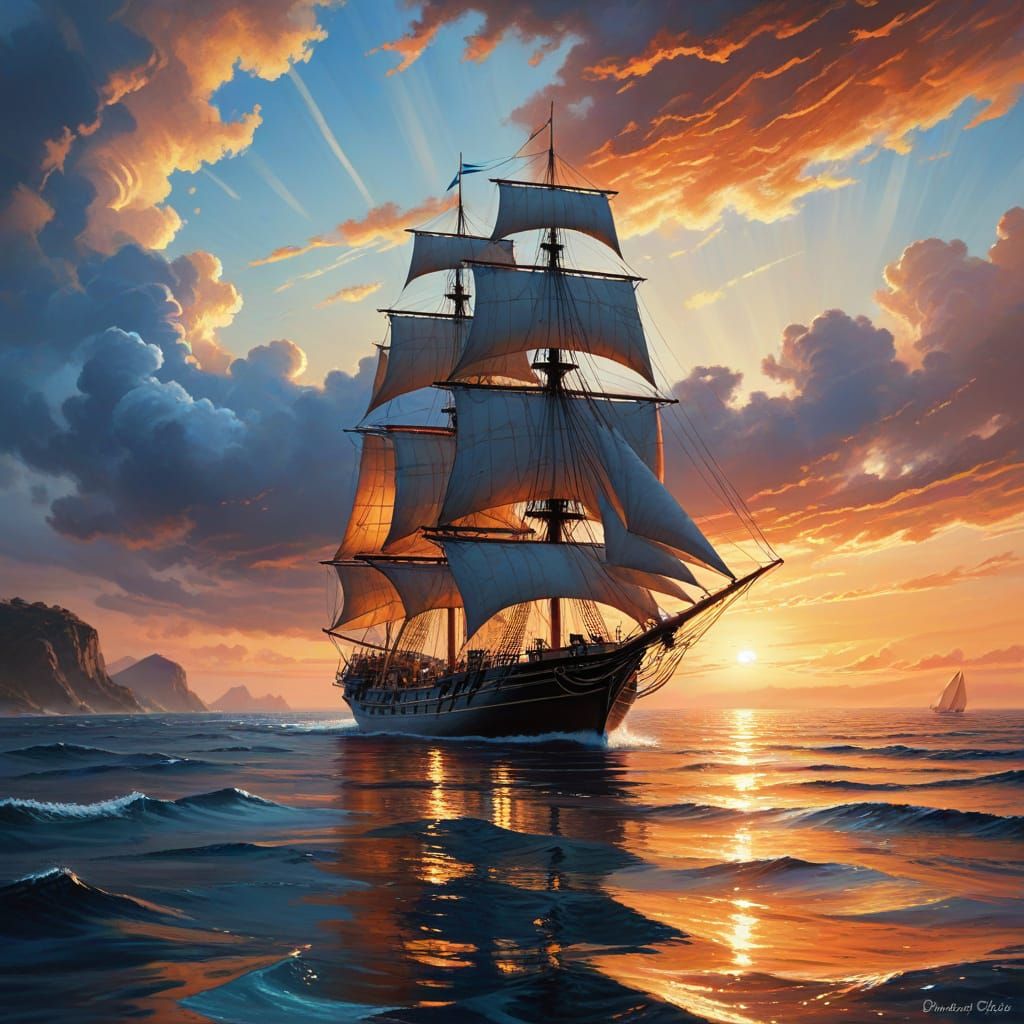 Majestic Windjammer Sails into Enchanted Sunset