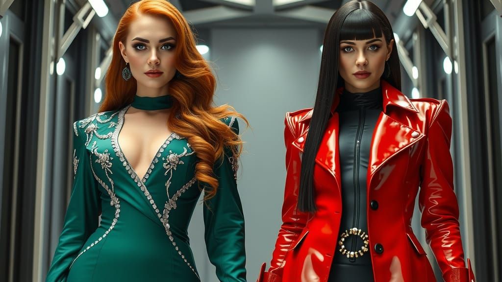 Two women stand confidently side by side, each adorned in st...