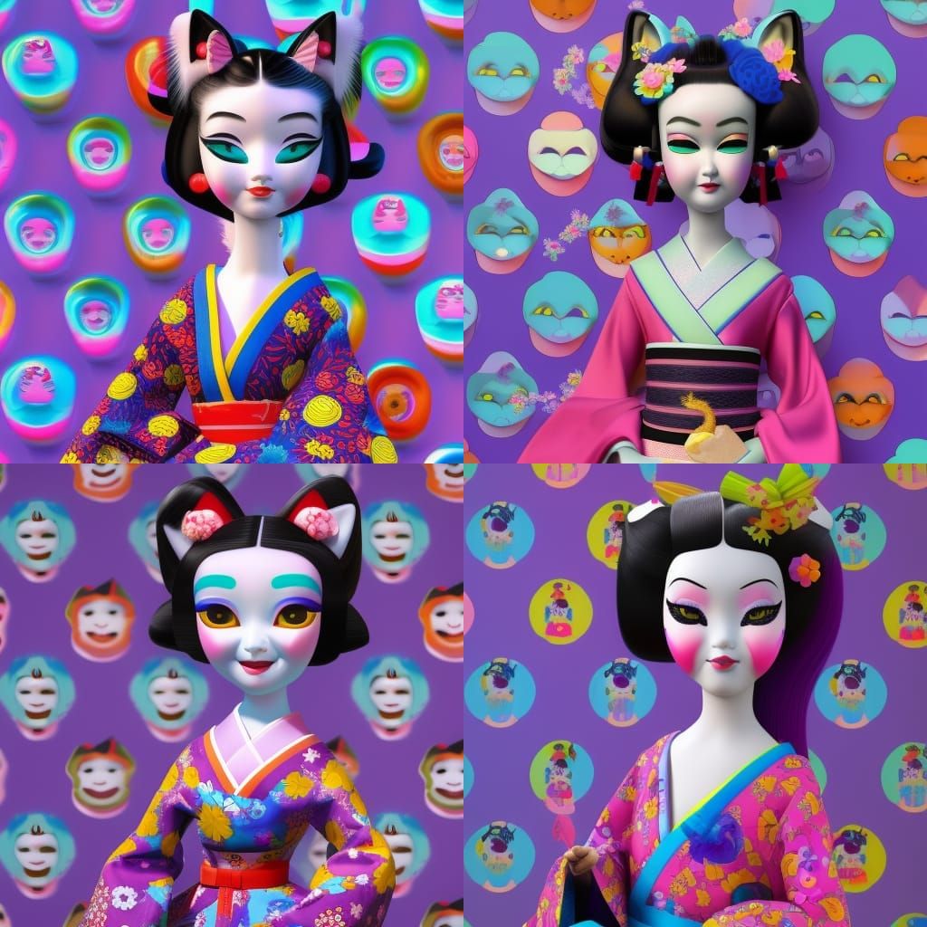 Cat-Faced Geisha Doll in 3D Digital Art