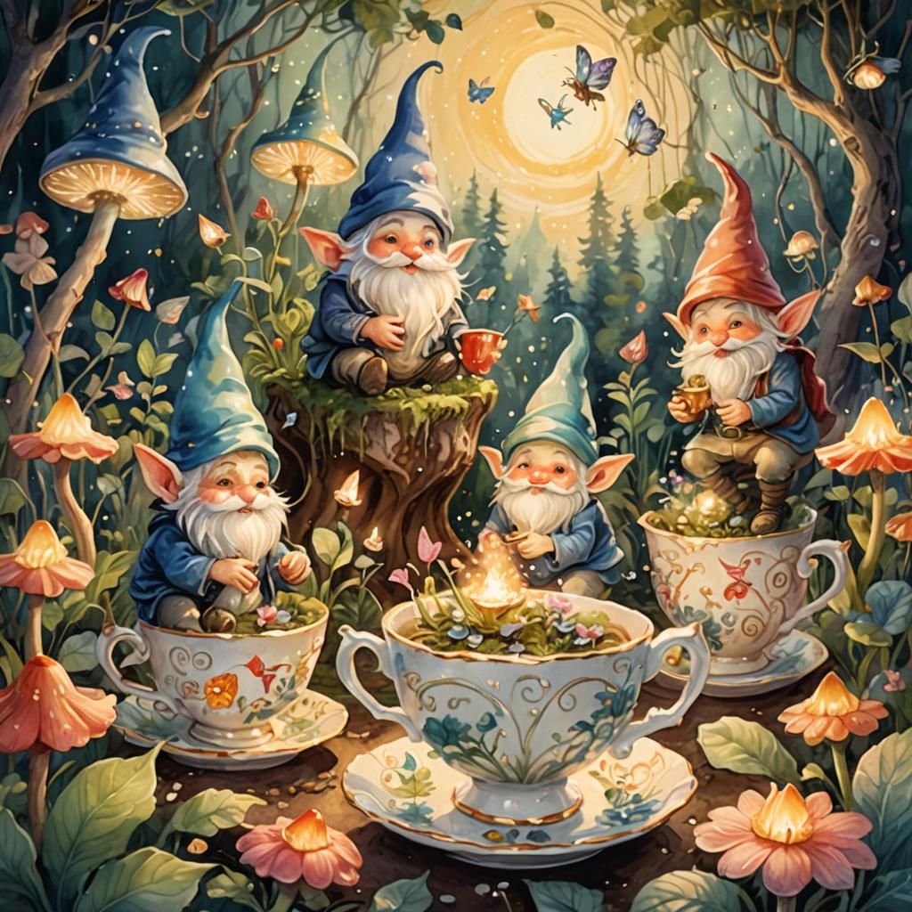 Gnomes Tend Teacup Garden in Watercolor Style