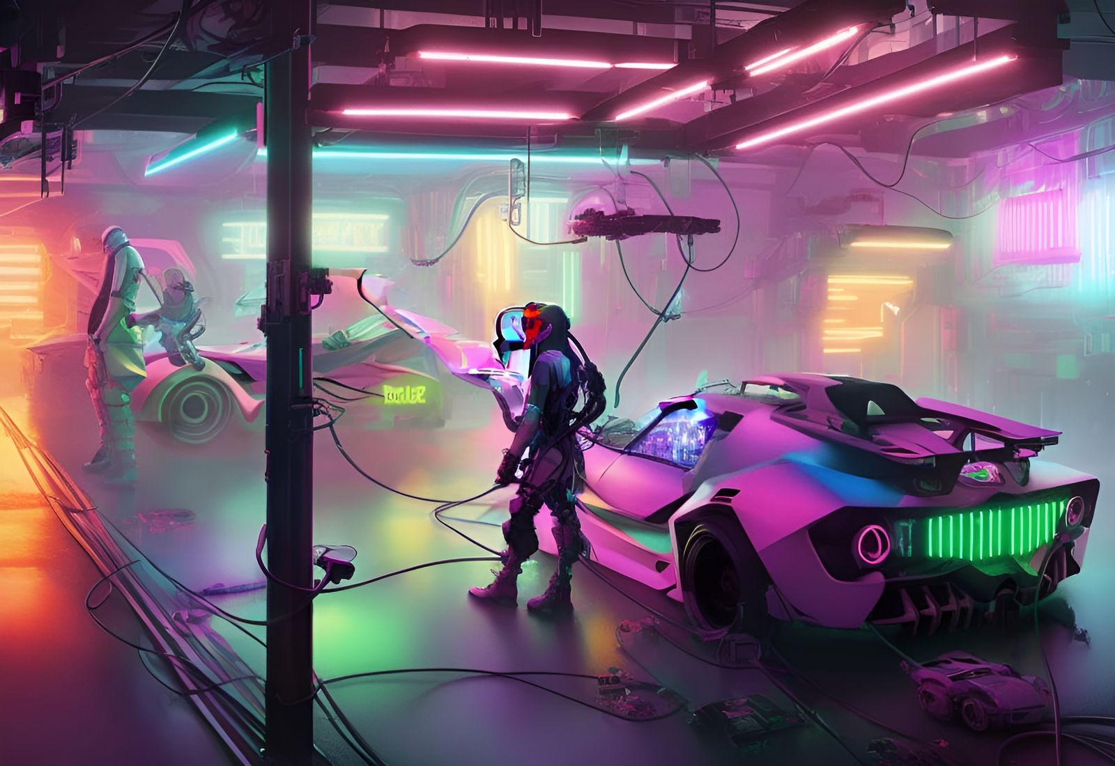 Cyberpunk Mad Scientist's Neon Garage