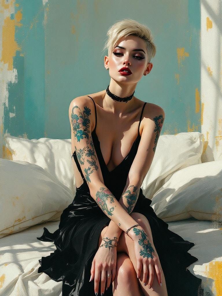 Punk Woman with Floral Tattoos in Impressionist Style