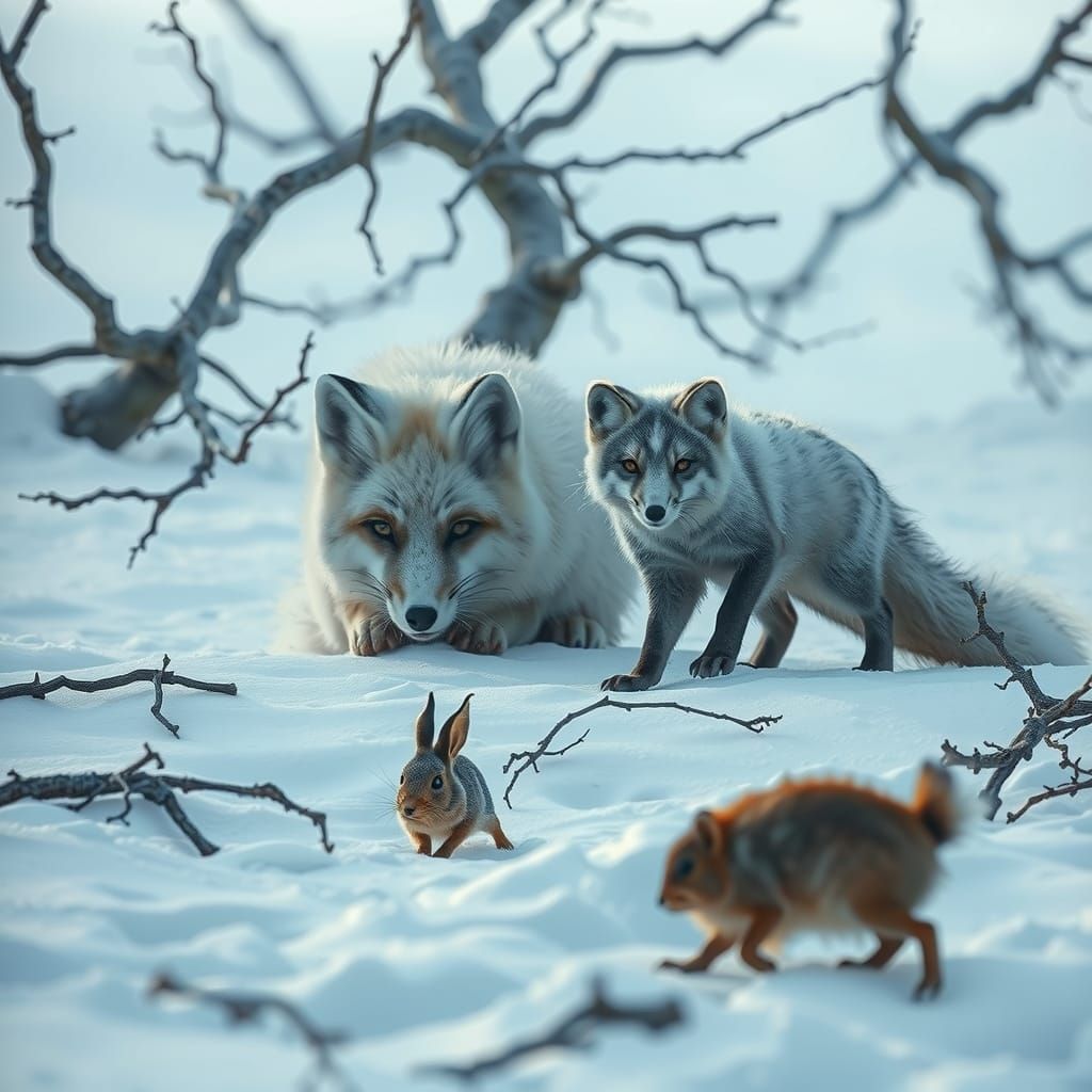 Arctic Foxes Hunting in a Frozen Landscape