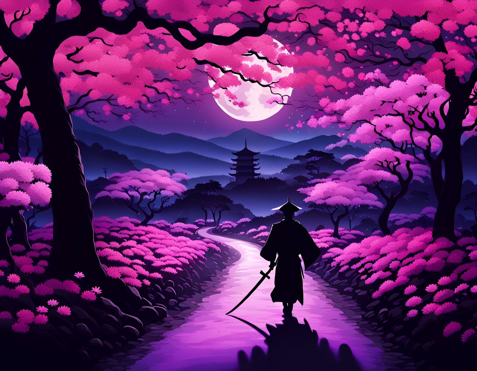 Samurai Silhouette in Sakura Forest at Night