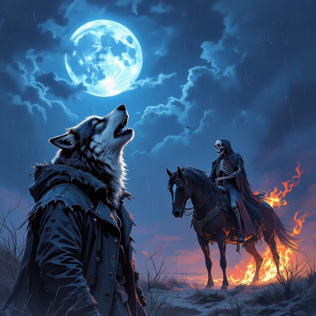 Wolf Howling at a Fiery Blue Moon