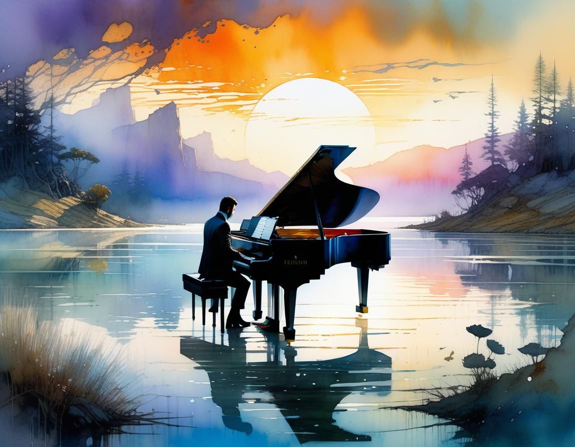 Pianist Plays Grand Piano at Misty Lake Sunset