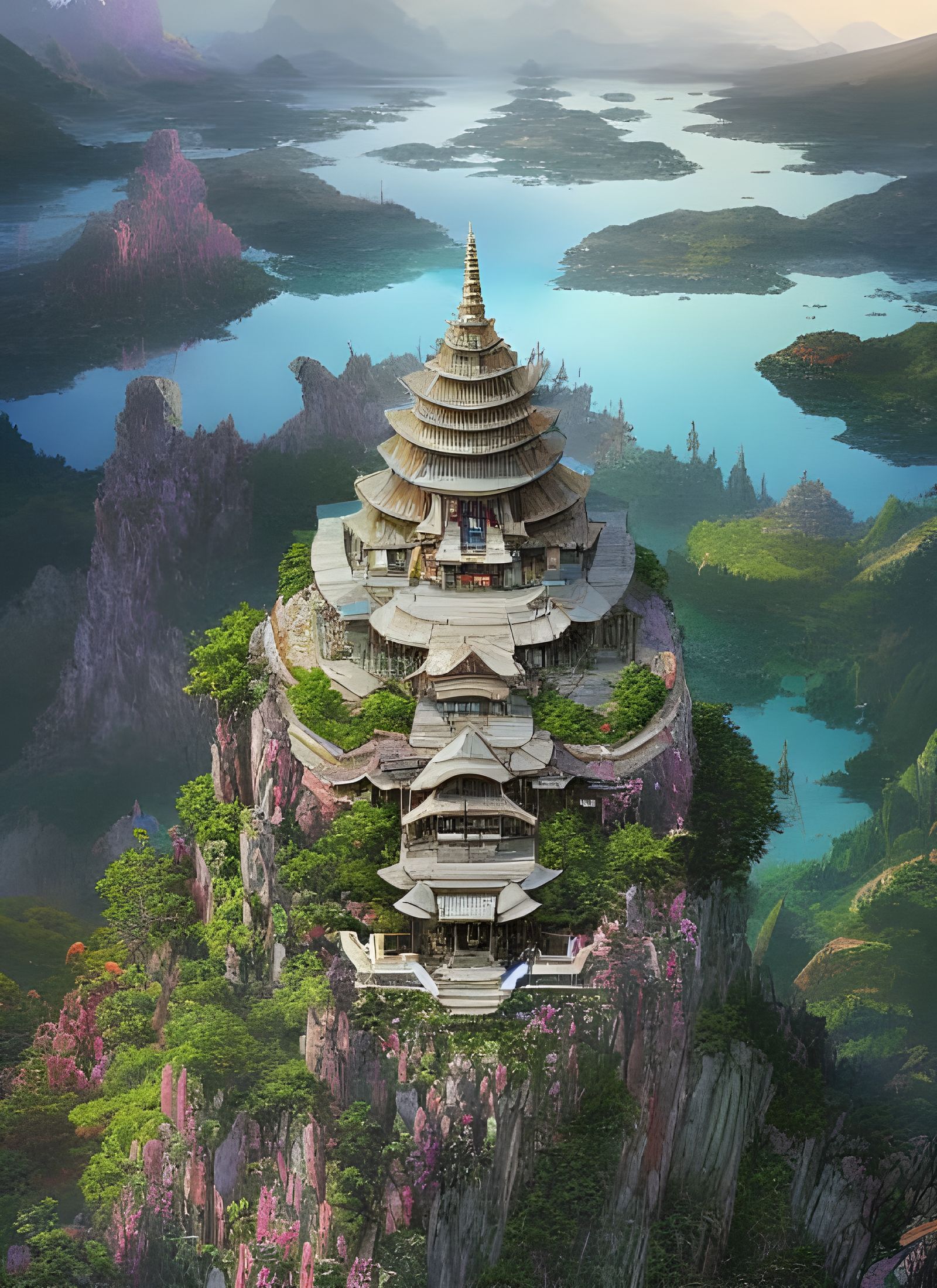 Temple on Epic Mountain at Lake, Digital Illustration