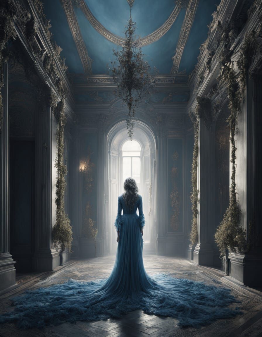 Ethereal Corridor Figure Disintegrates into Shadows