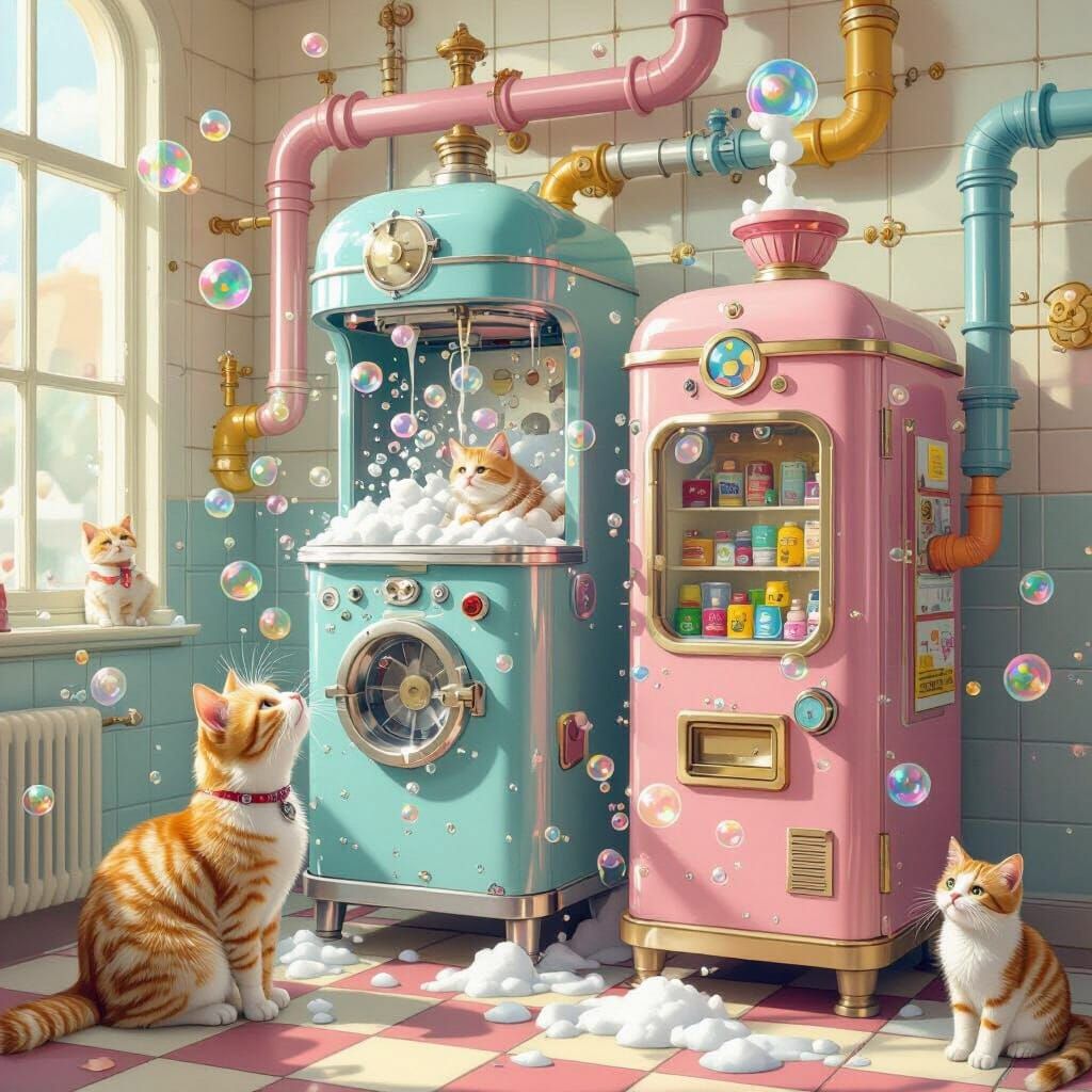 Machine Cleaner with Bubbles and Cats in Hyperrealistic Styl...