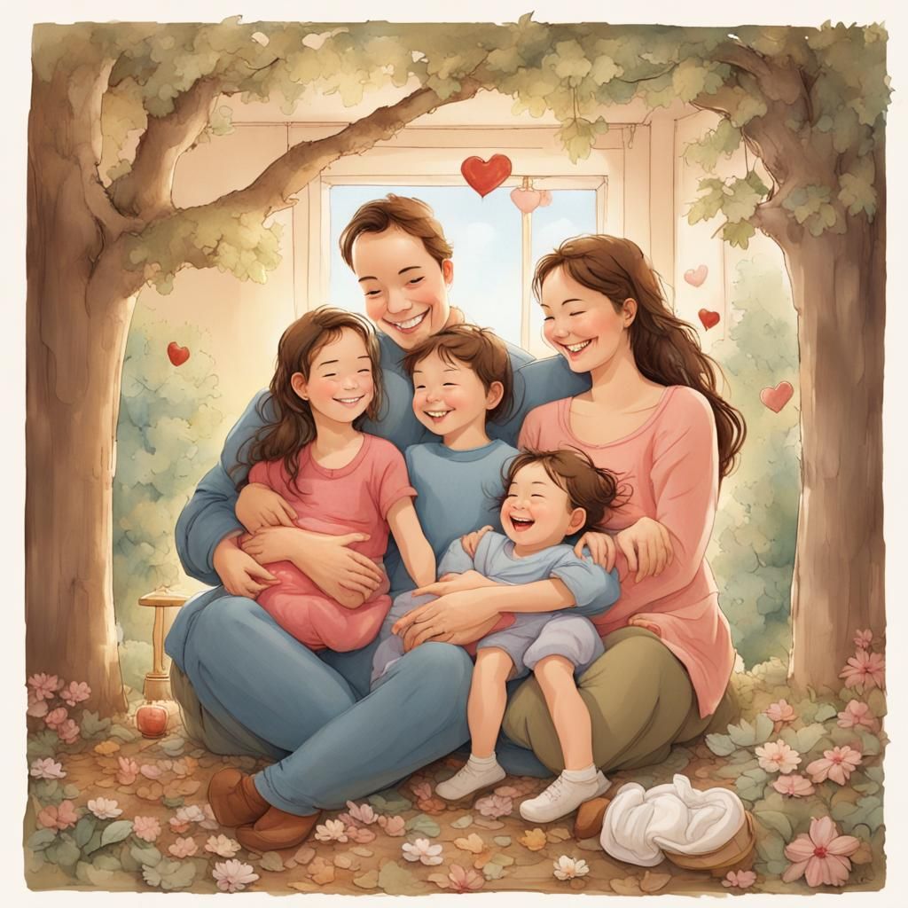 Family Portrait: Parents and Children in Loving Home