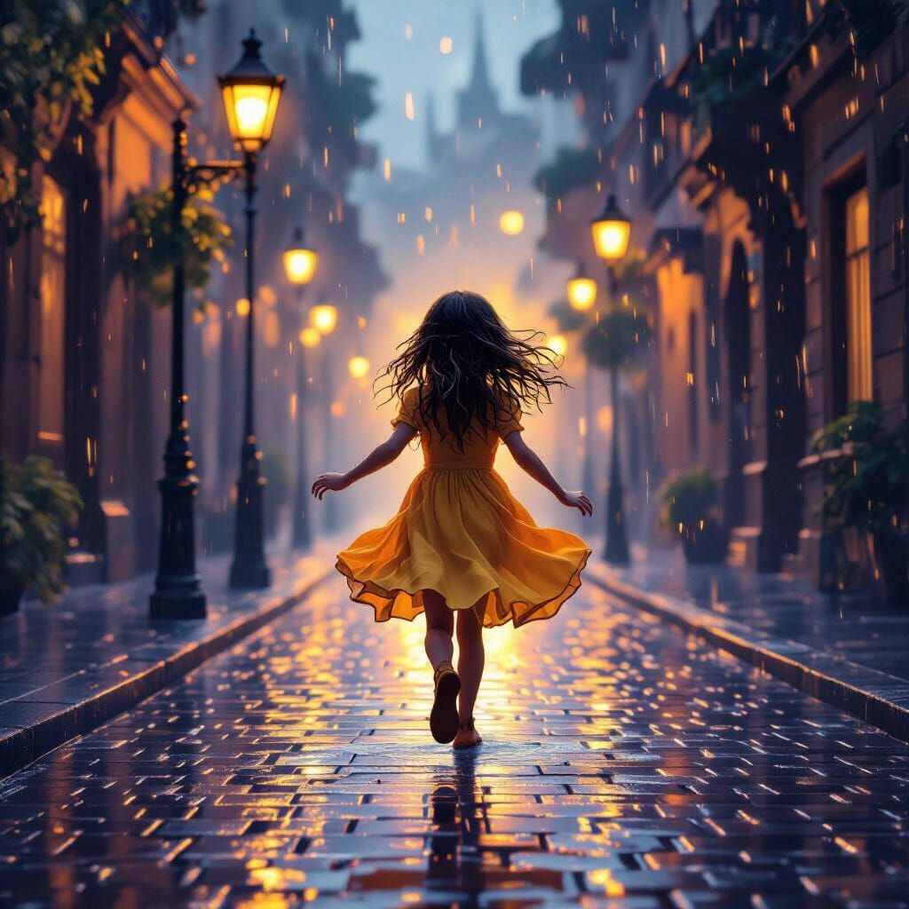 Joyful Girl in Yellow Dress on Rainy Street