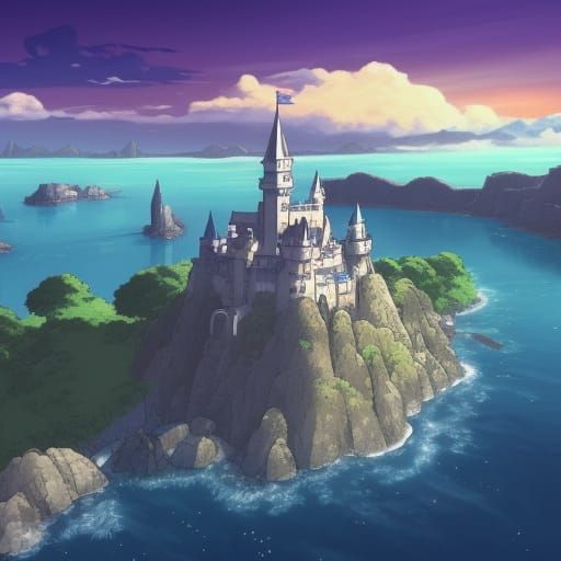 Floating Castle Above Ocean in Ghibli Anime Style