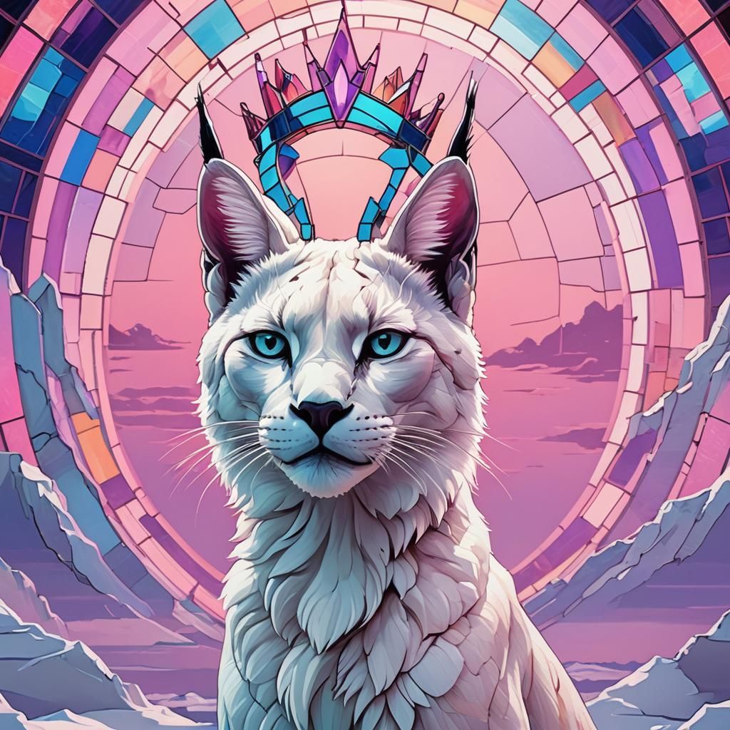 Neon Synthwave Caracal in Stained Glass Crown