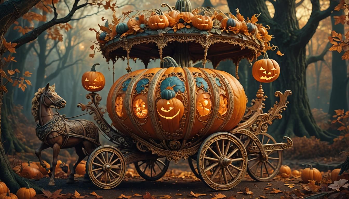 Pumpkin Carriage with Fairytale Carvings in Hyperrealism