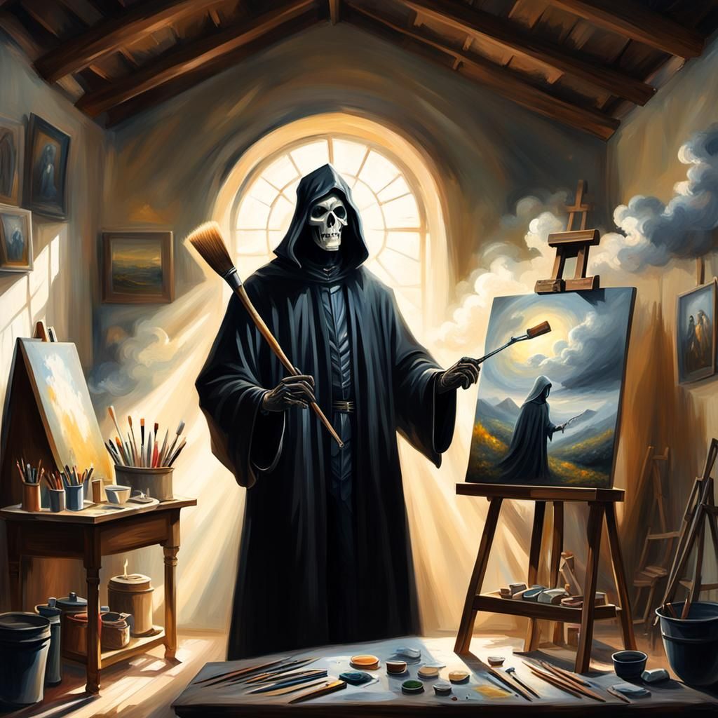 Grim Reaper as Painter in Divine Sunshine