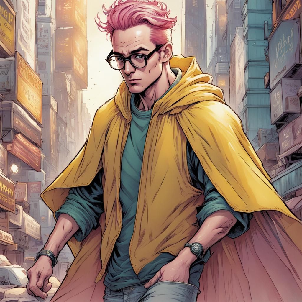 Pink-Haired Man in Poncho, Comic Book Style