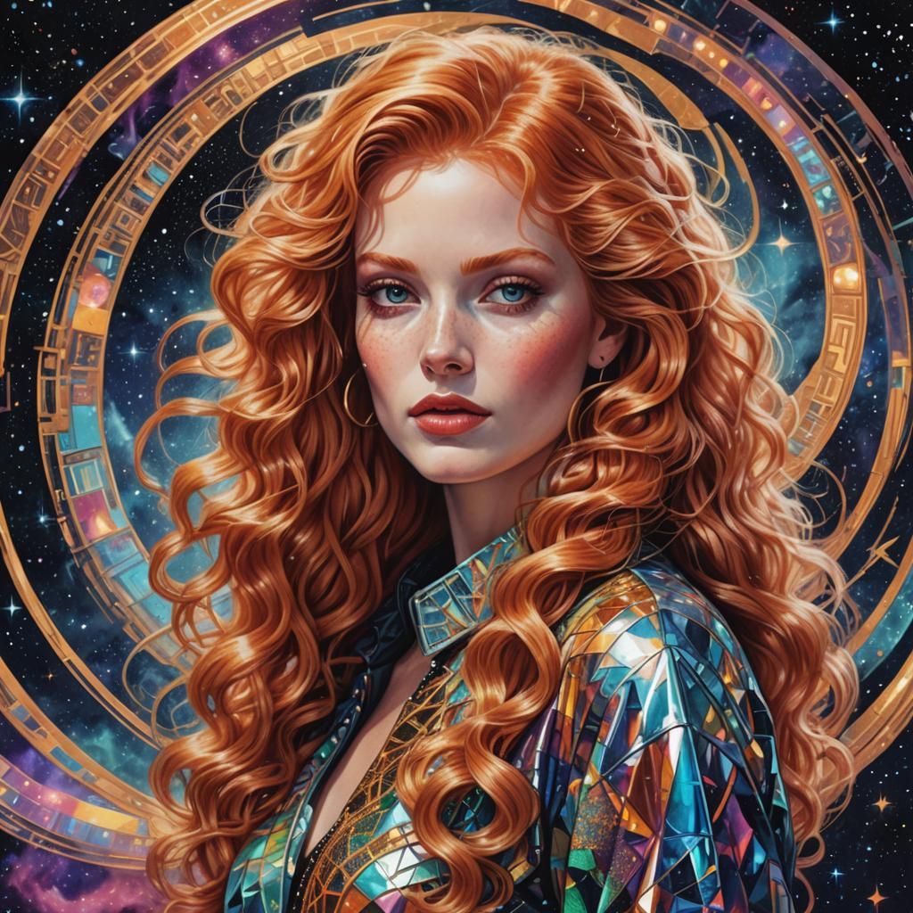 Woman with Spiral Perm in 80s Cosmic Style