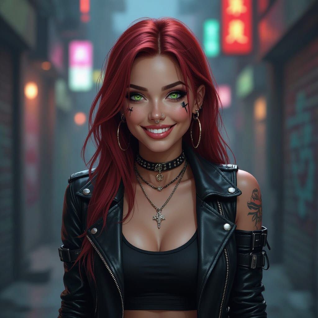 Cyberpunk Woman with Red Hair in Neon Alley