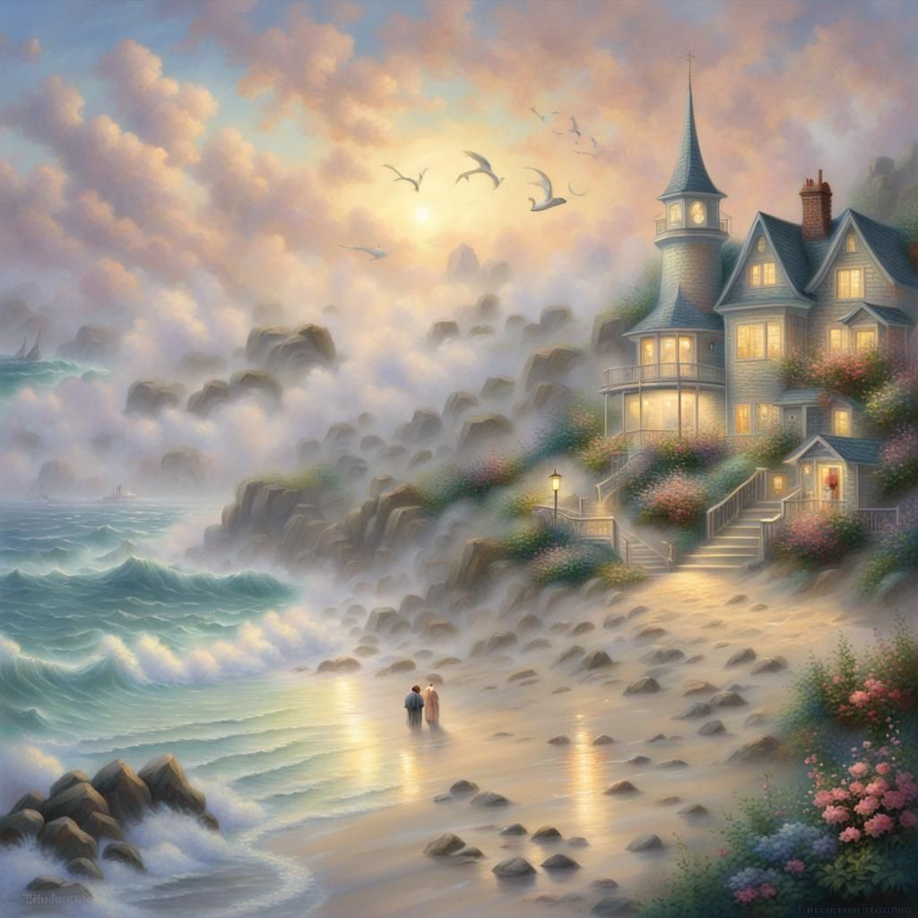 Ethereal Beach Scene with Fish in Luminist Style