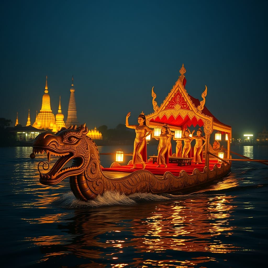 Khmer Festival Barge on Mekong River with Dancers