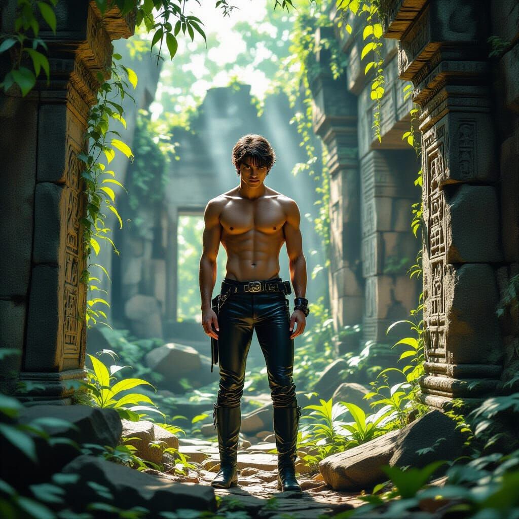 Man in Temple Ruins in Gritty Realistic Style