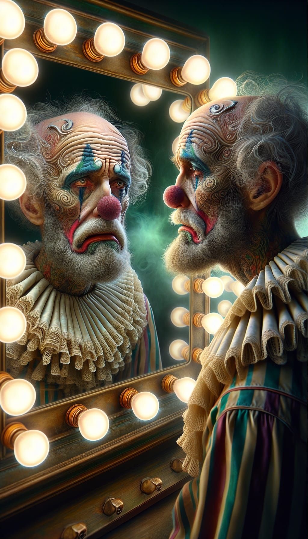Sad Clown Gazing in Mirror with Bulb Frame