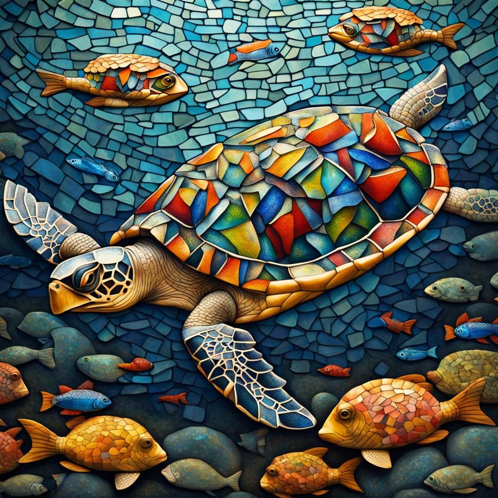 Colorful Underwater Turtle Mosaic Art