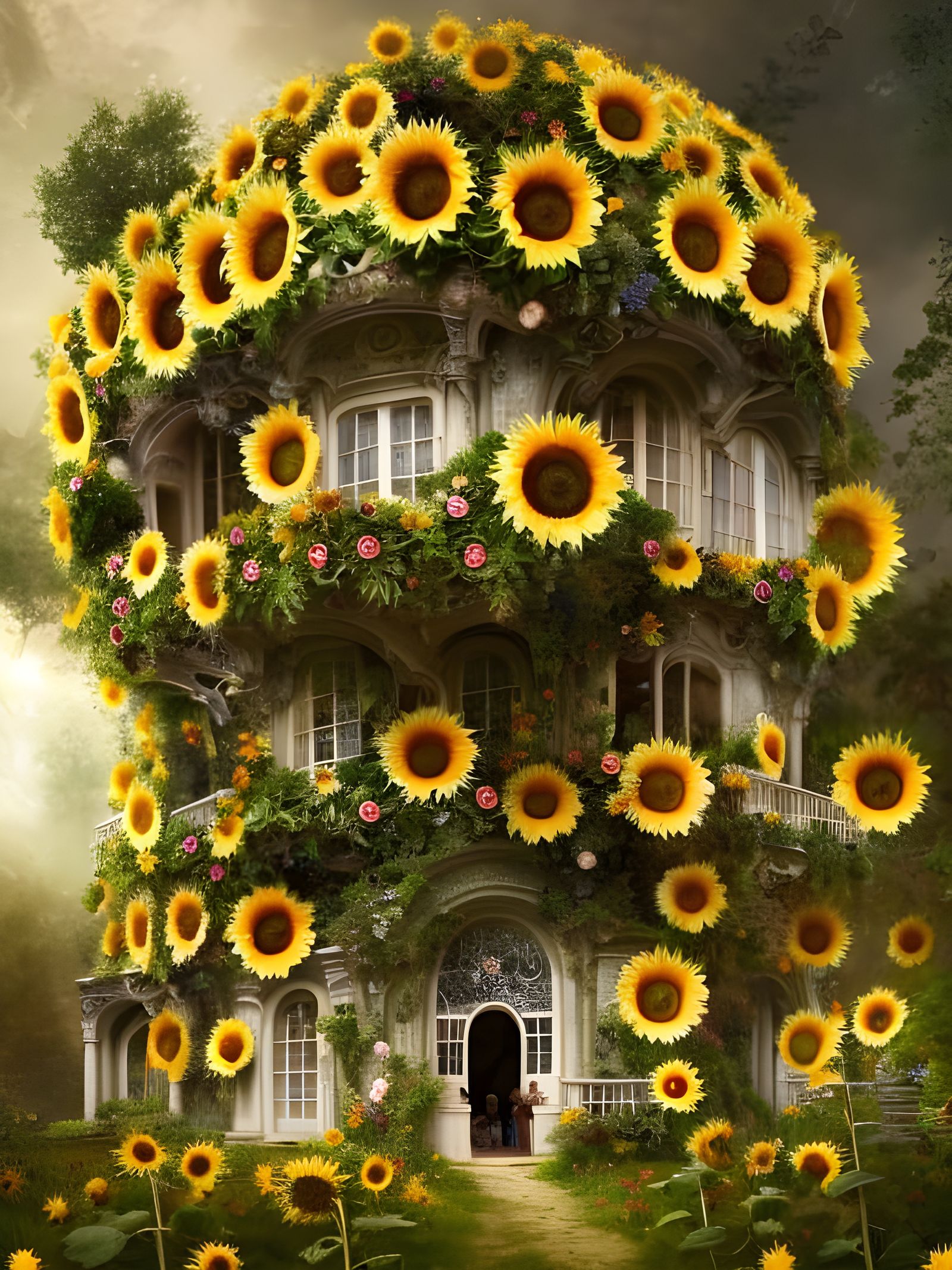 English Garden Treehouse with Sunflowers, Hyperrealistic