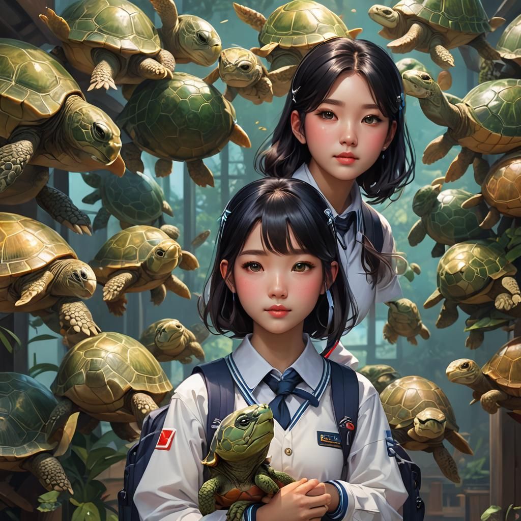 Korean Girl with Turtle: Hyperdetailed Portrait