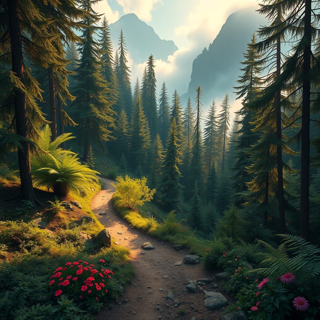 Majestic Forest Hiking Trail in Golden Light
